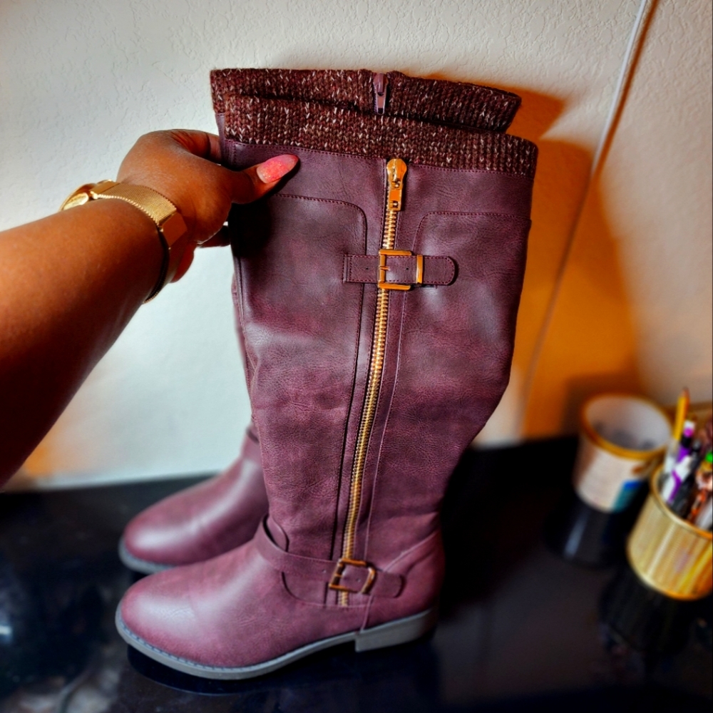 Brand new with box. Burgundy leather wide calf boots size 10